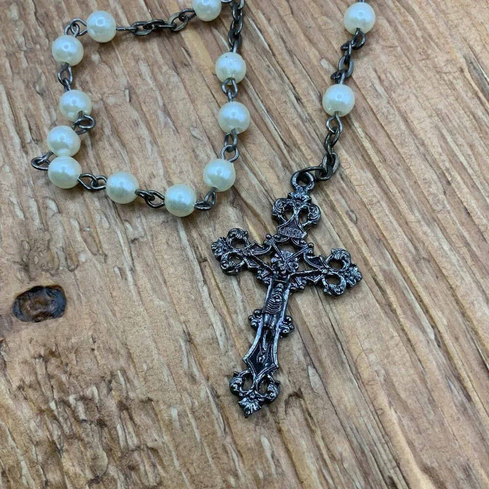 Rosary Vintage Beaded White Faux Pearl Gun Metal Cross
